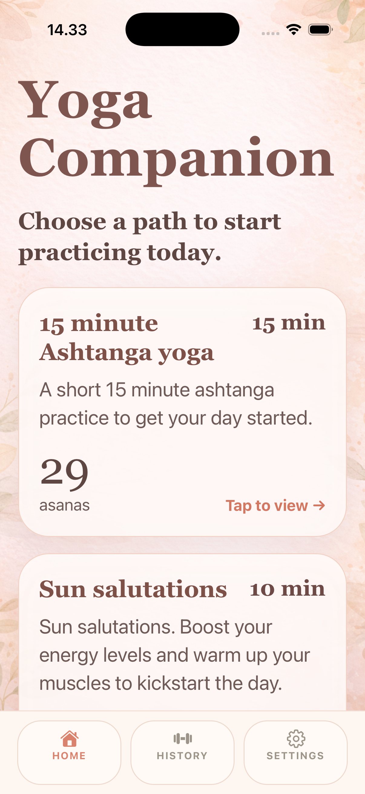 Vinyasa Tutor home screen showing today's recommended practice.
