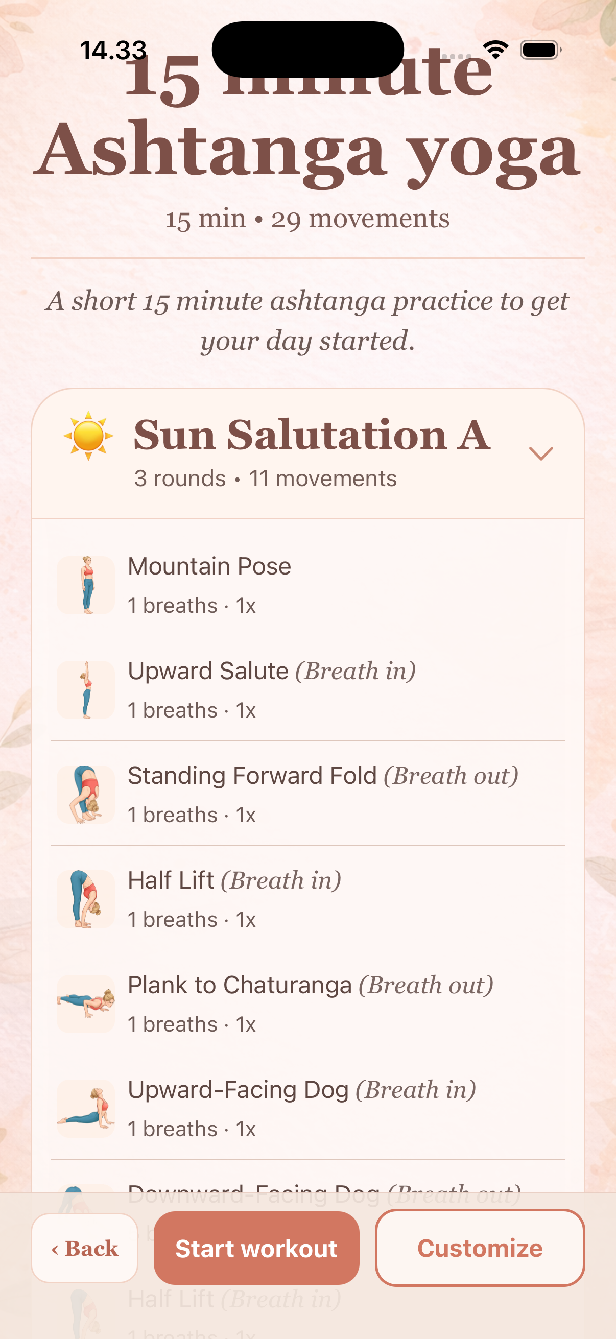 Vinyasa Tutor flow player screen with pose timeline and cues.