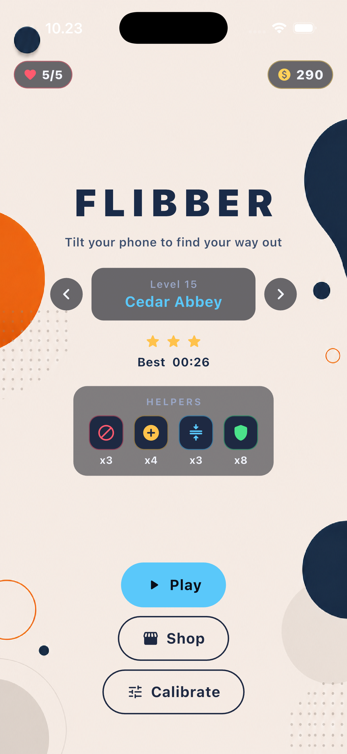 Flibber home screen with level select, lives, and Play.