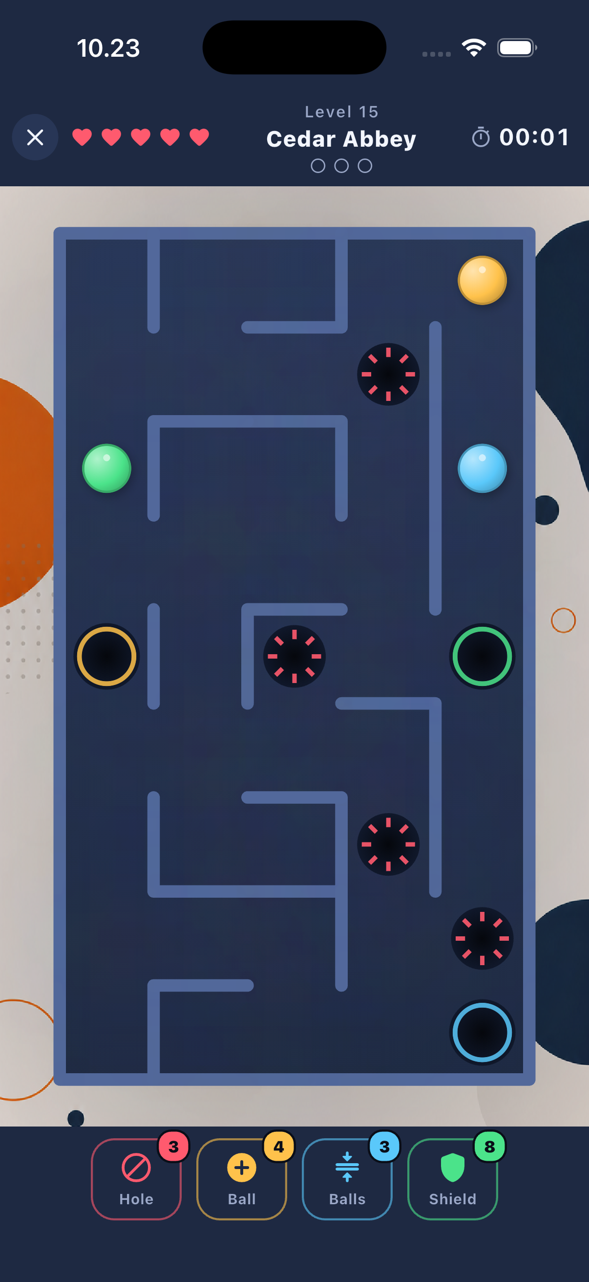 Flibber gameplay screen showing a maze, colored balls, and a timer.