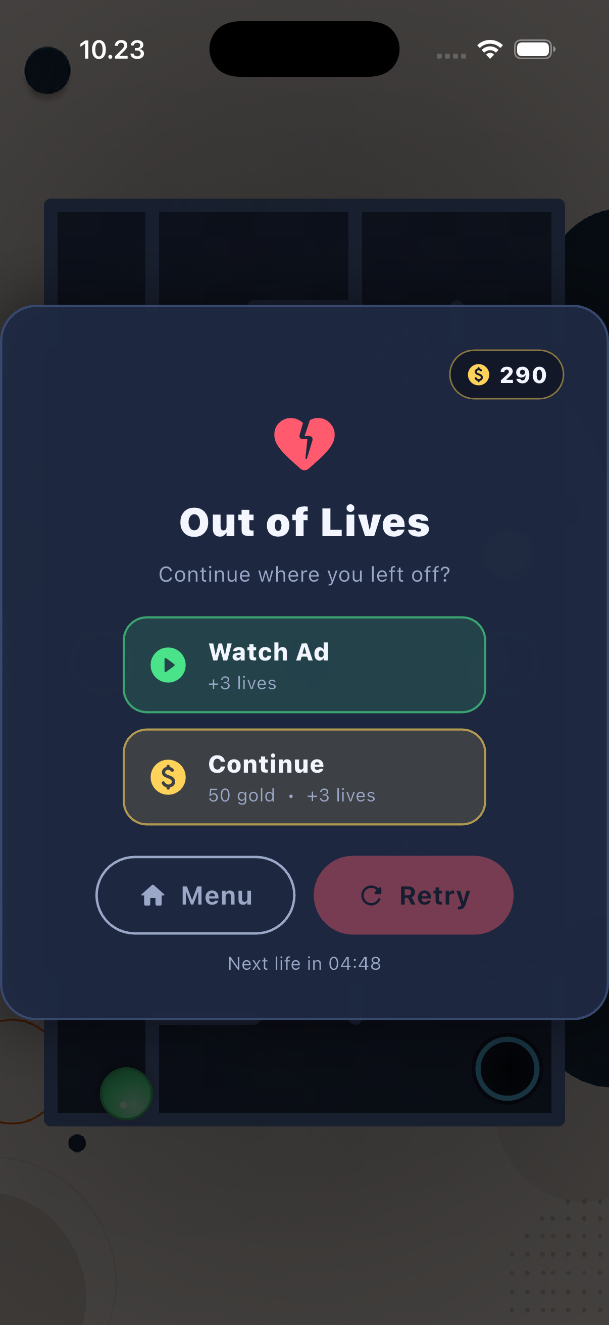 Flibber out of lives screen with Watch Ad and Continue options.